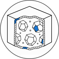 Minimalist vector icon showing a cutaway of a filled polymer material composite structure with dispersed filler particles for silane coupling agent applications.